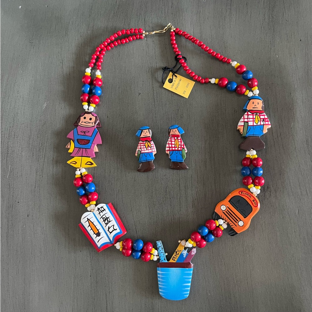 Wooden Bead Teacher Student School Bus Necklace Handmade Painted in Philippines